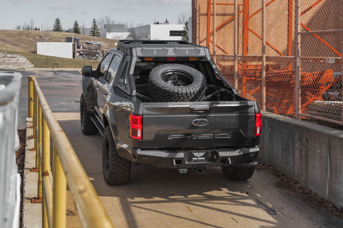 The spare tire carrier is sized around the oversized off-road tires