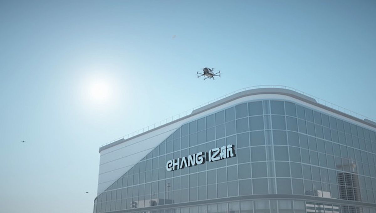 Render showing an EHang 216 air taxi taking off from the E-port in Hezhou