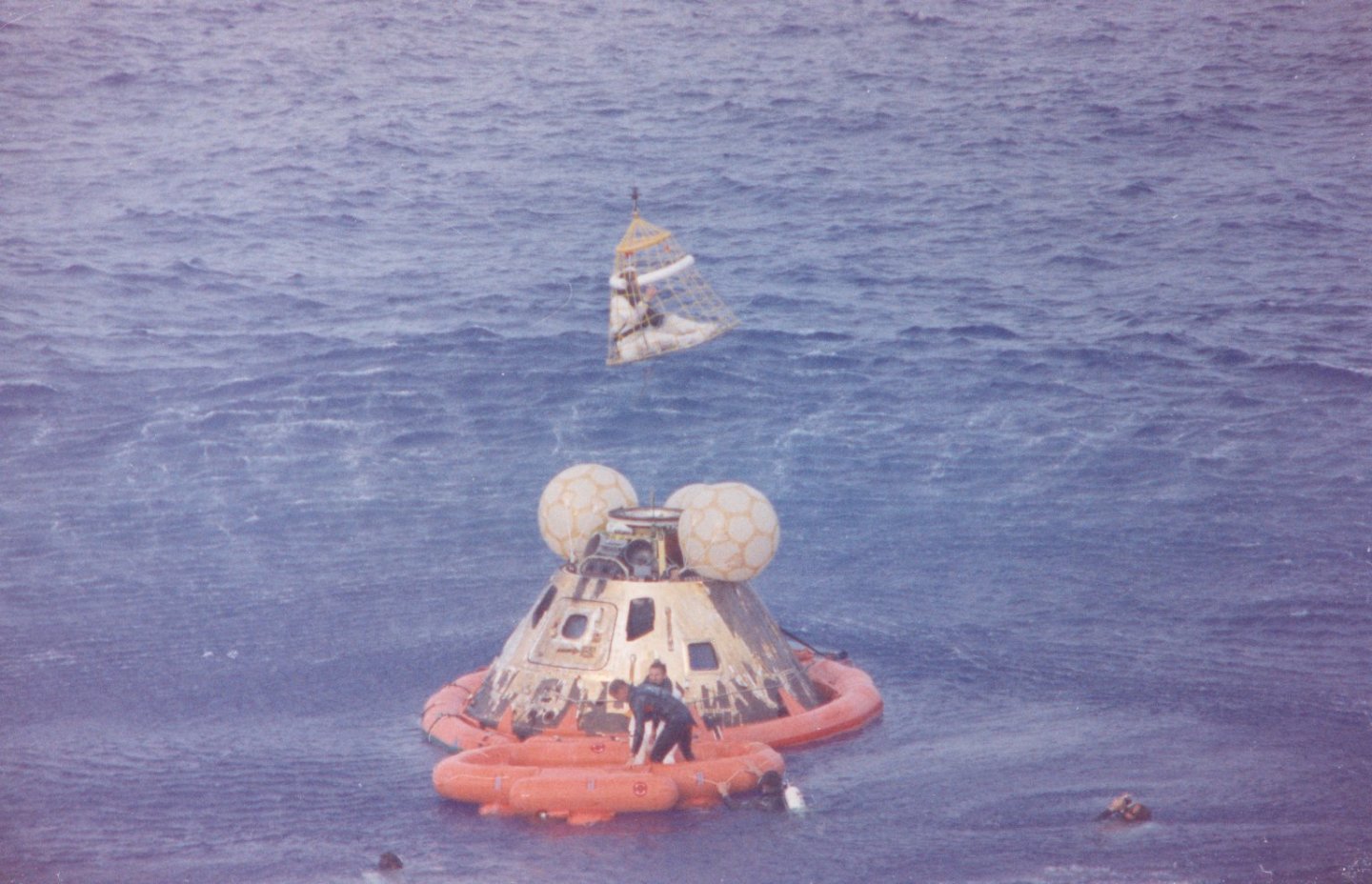 Apollo 13 being recovered after splashdown