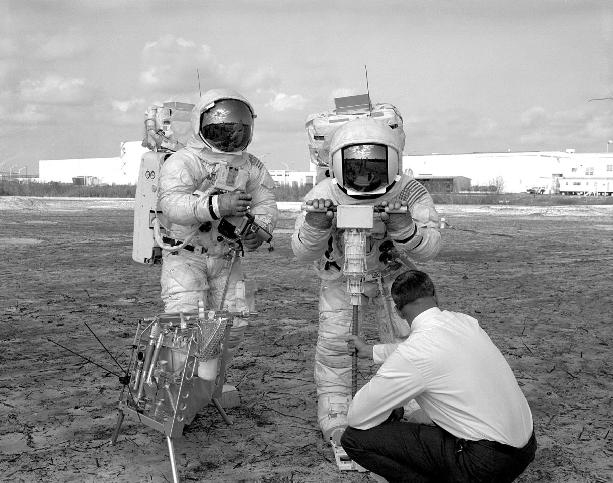 Apollo 13 astronauts rehearsing a lunar EVA