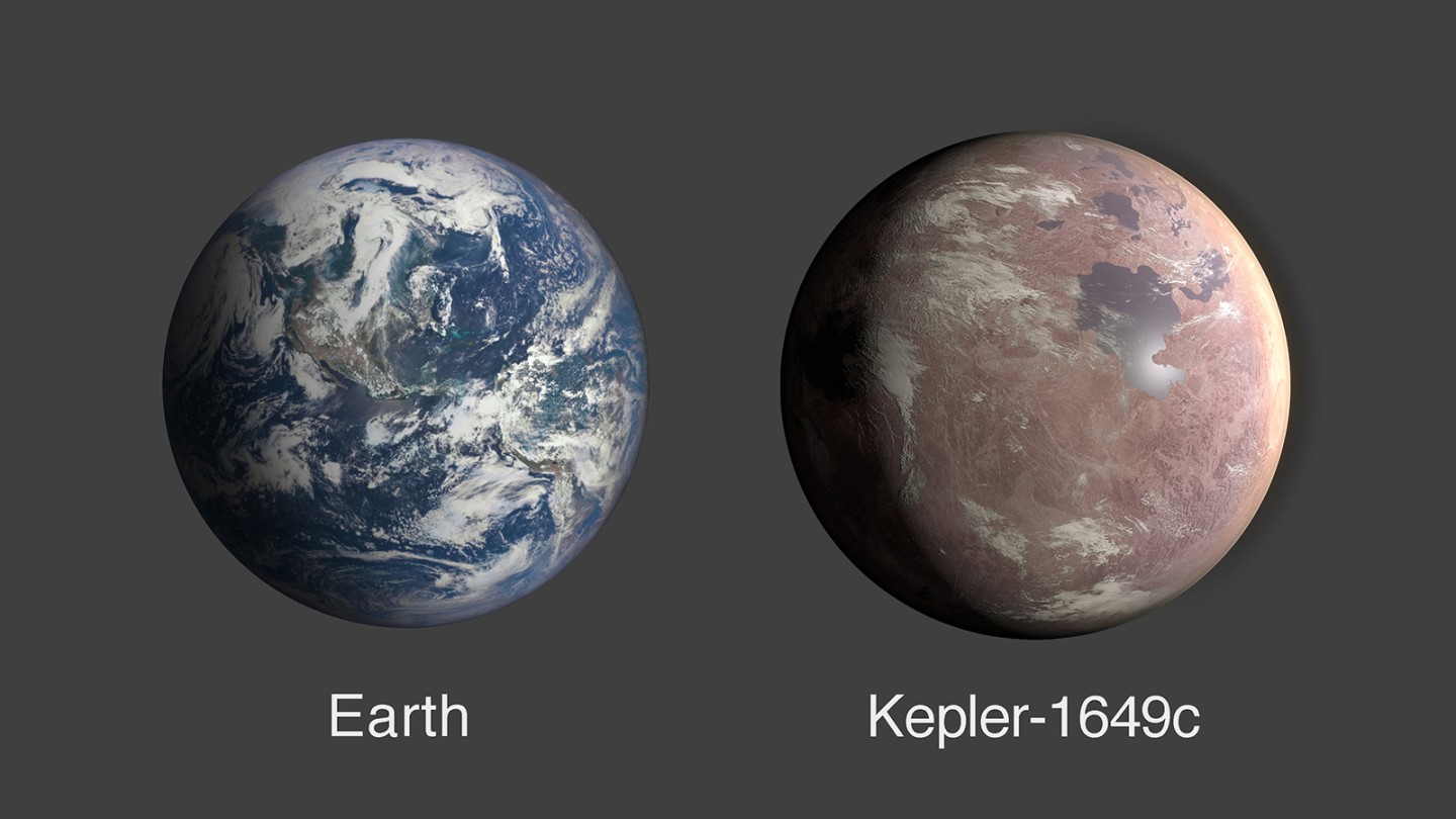 This graphic compares the size of Earth and Kepler-1649c