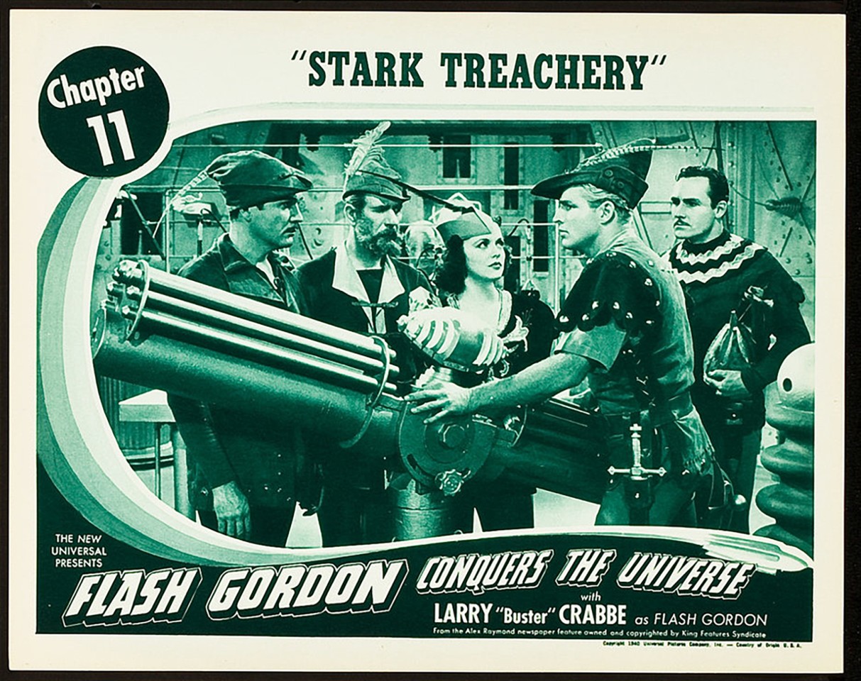 Flash Gordon was featured in three serial films: Flash Gordon (1936), Flash Gordon's Trip to Mars (1938), and Flash Gordon Conquers the Universe (1940). These movie serials were popular during the first half of the 20th century, consisting of a series of weekly episodes exhibited in consecutive order at theaters during the “shorts.” Each episode ended in a “cliffhanger” which helped to entice the audience back to the movie theater the following week for the next feature film, making the extremely popular Flash Gordon important to generating box office in movie theaters as audiences followed his adventures over months. Lobby cards such as this were important in promoting the next episode of the serial and are now highly sought after by collectors