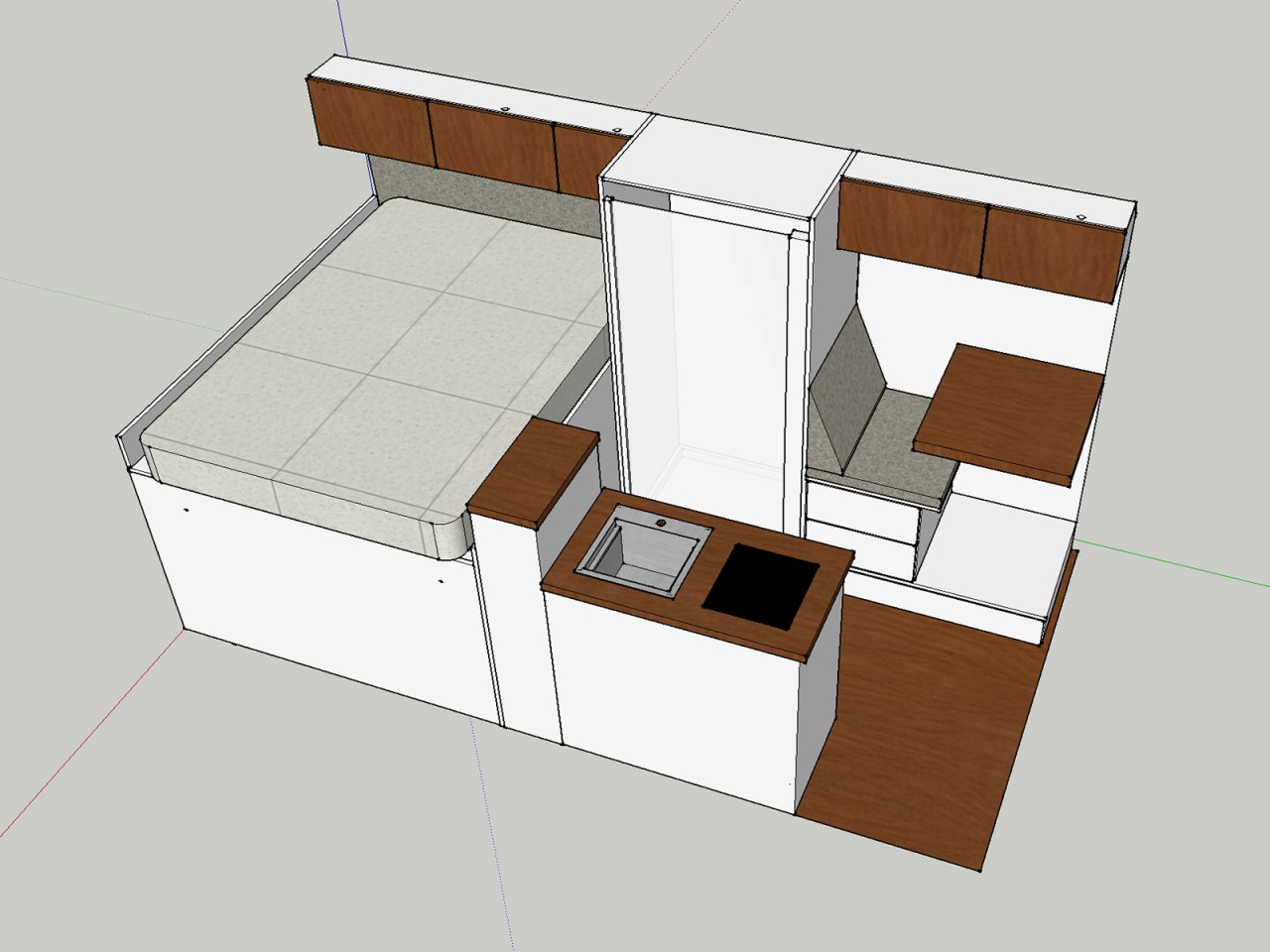 To make room for the central wet bath of the Basecamper Plus, RSV slides the dinette to the front, relying on swivel cab seats