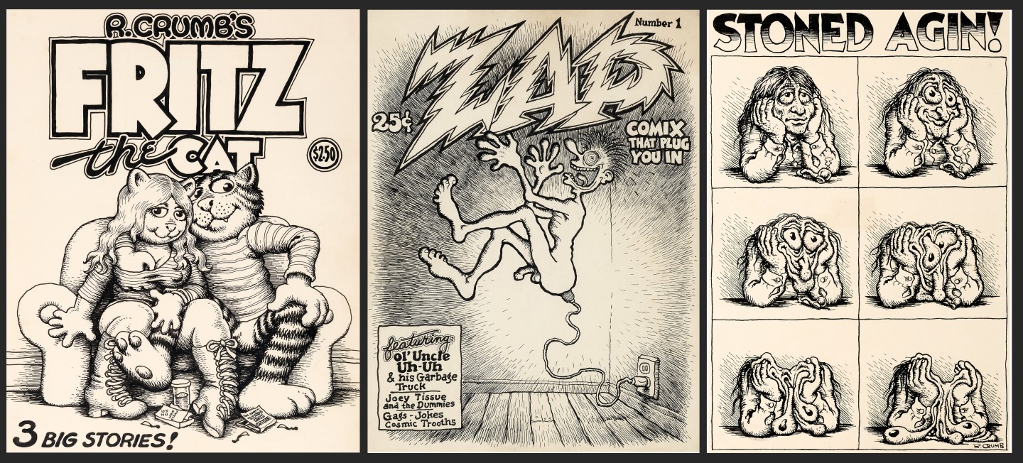 Original cover art by Robert Crumb for his underground comic classic Fritz the Cat sold for $717,000 in 2017, surpassing Batman, Spiderman, The Incredible Hulk, Superman et al., to become the most valuable piece of American comic art ever sold. Later in 2017, Crumb’s unused cover art for Zap Comix #1 sold for $525,800 at auction, and in 2019, Crumb’s "Stoned Agin!" cartoon art sold for $690,000.
