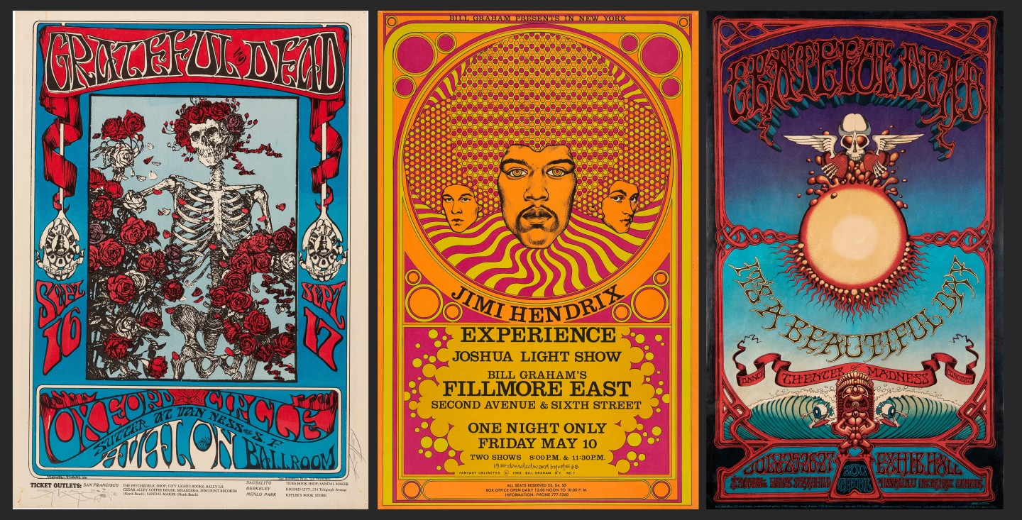 Three posters sold at auction this week look like blue-chip long-term investments. At left is a 1966 Grateful Dead "Skeleton & Roses" Family Dog psychedelic Concert Poster that sold for $17,500. The concert was held at the Avalon Ballroom in San Francisco on September 16 & 17, 1966, with the Oxford Circle as opening act. In the center is a 1968 Jimi Hendrix Fillmore East Concert Poster that sold for $15,000. In the center is a 1966 Grateful Dead "Skeleton & Roses" Family Dog psychedelic Concert Poster that sold for $17,500. The concert was held at the Avalon Ballroom in San Francisco on Sept.ember 16 & 17, 1966, with the Oxford Circle as opening act. At right is a 1969 Grateful Dead Hawaiian Aoxomoxoa Concert Poster that sold for $16,250. This poster was designed by the most popular of all psychedelic poster artists, Rick Griffin. These shows were to be held at the Honolulu International Center but were canceled, making for an instant collector's item as most of these posters were thrown away instead of being posted. This poster is so rare that this is the first one Heritage Auctions has ever handled.
