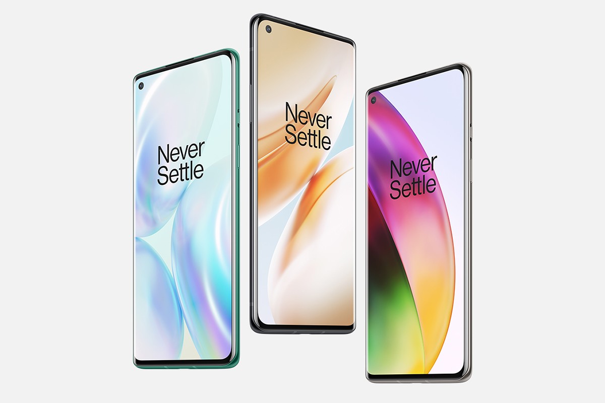 The new phones (OnePlus 8 shown here) have punch-hole selfie cameras on the front