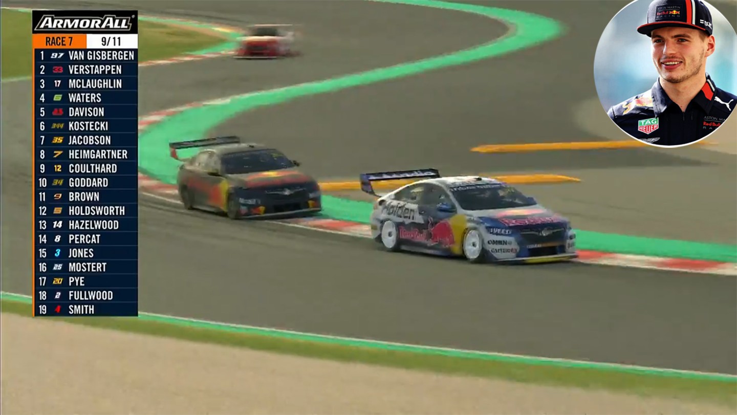 With two laps to go in the final BP Supercars All Stars Eseries race on Wednesday April 15, close friends Max Verstappen and Shane Van Gisbergen find themselves locked in a tussle for the lead