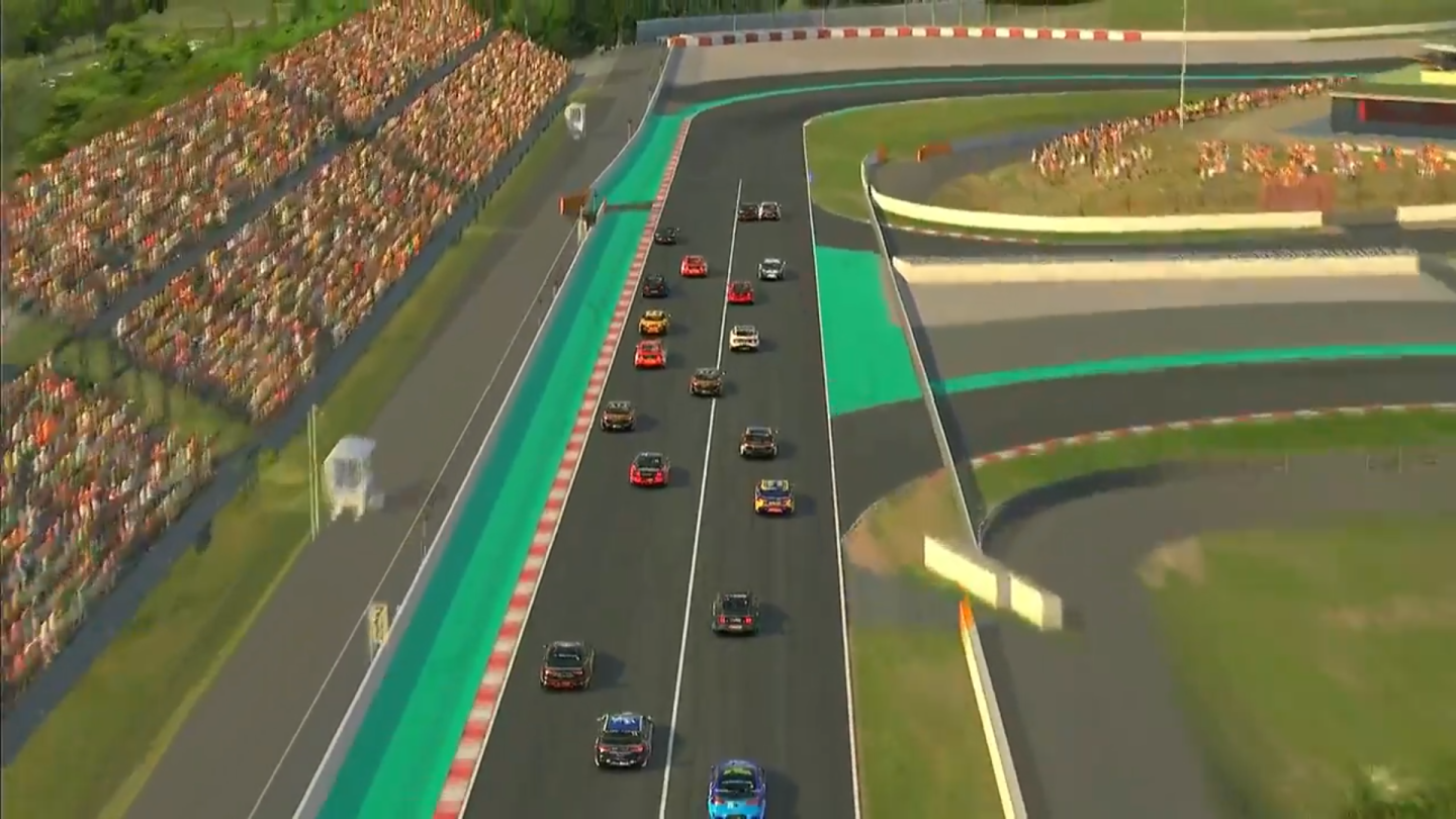 Race 7 in Round 2 of the BP Supercars All Stars Eseries and this is the first corner at Circuit de Barcelona