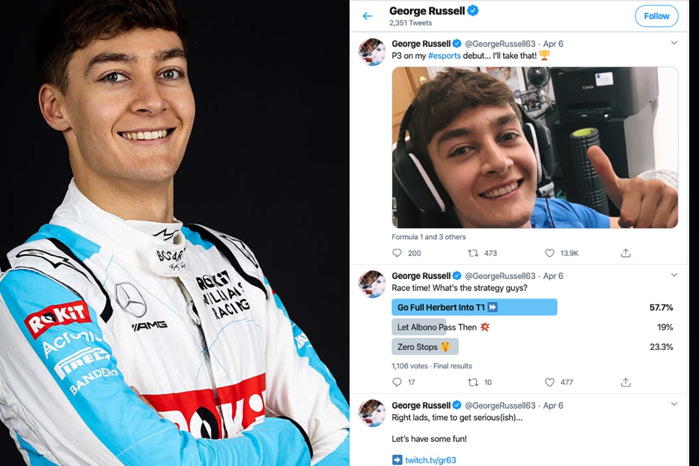 Rockit Williams F1 Racing's George Russell brings personality-plus to any equation. George scored a podium in his first virtual competition and was thoroughly delighted