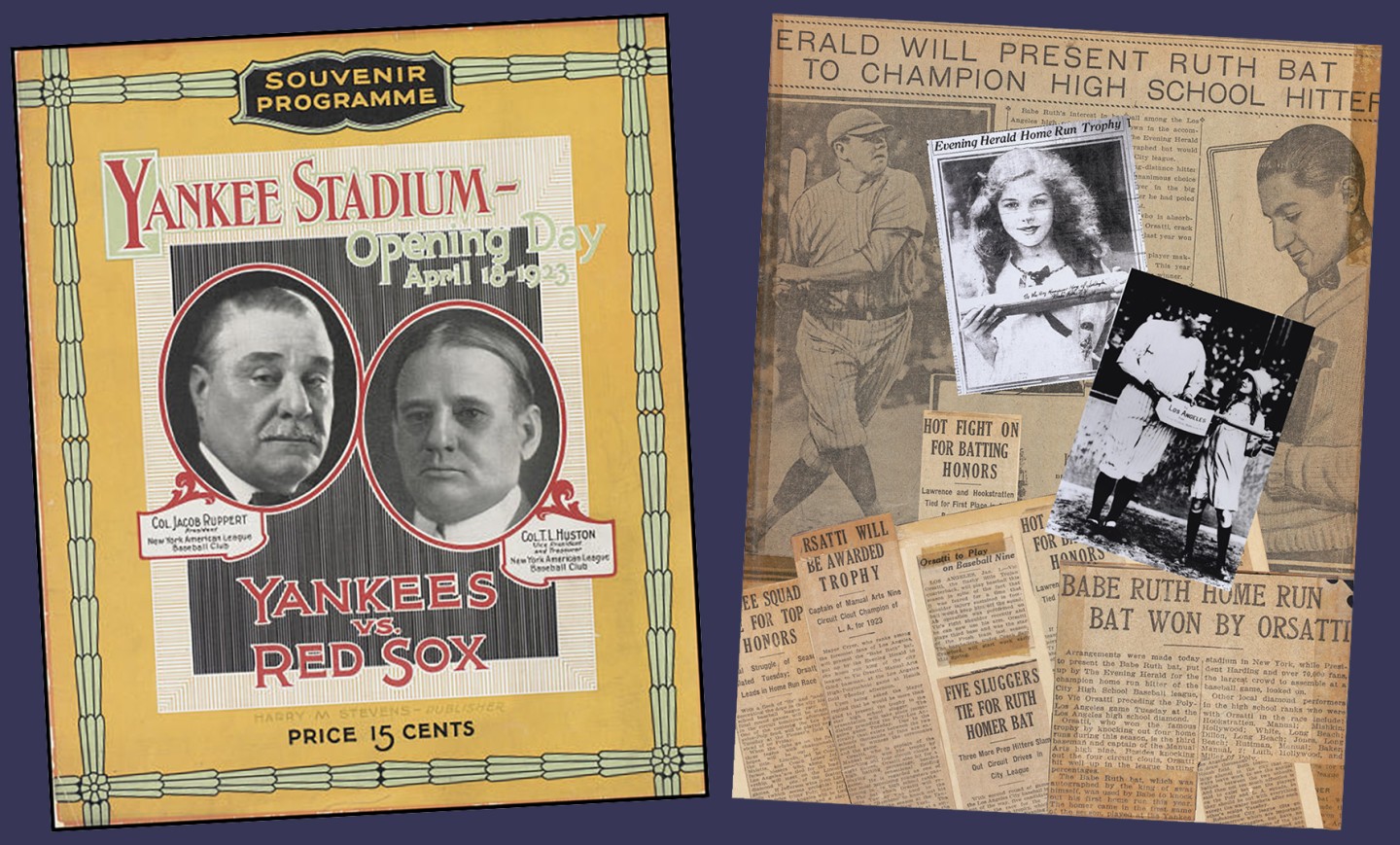 The opening day programme at the old Yankee Stadium and press clippings of the Los Angeles Evening Herald Batting Competition