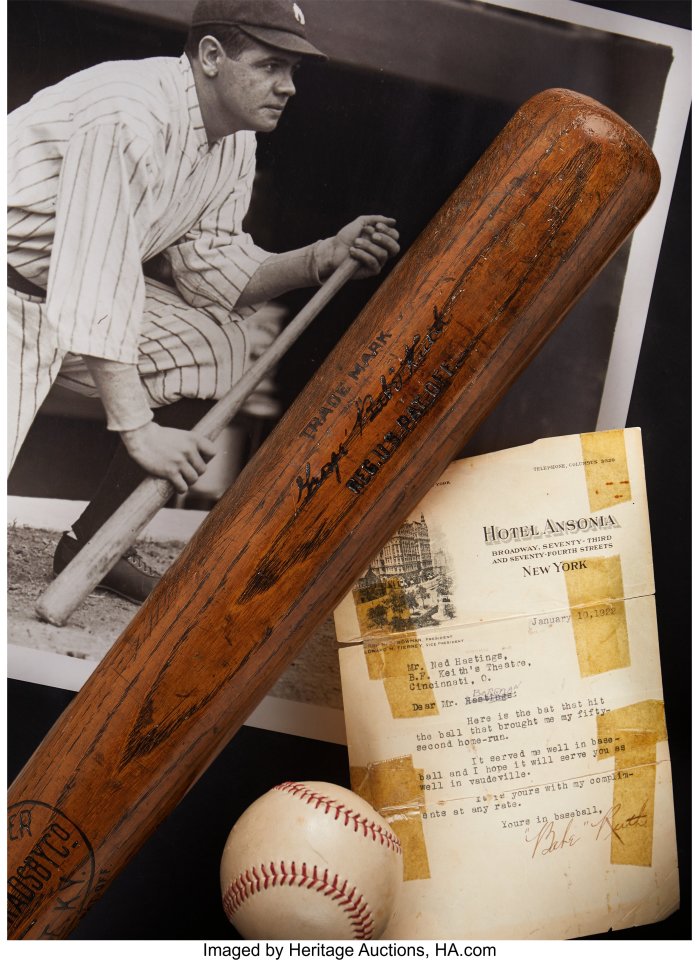 This impossibly heavy slab of ash is just an eighth-inch shy of a yard in length (35.875") and a few ounces shy of three pounds in weight (43.2 oz.). To hold this bat, one wonders at the strength of Babe Ruth. One of Ruth's early clouts in his first year at the Yankees, off inaugural Hall of Fame classmate Walter Johnson, cleared the high center field wall of Griffith Stadium, landing 520 feet from home plate. Two months later, Ruth escaped Navin Field with a shot estimated between 575 and 600 feet, the longest verified home run in Major League history. He'd clear the double-deck roof of the Polo Grounds two weeks after that.