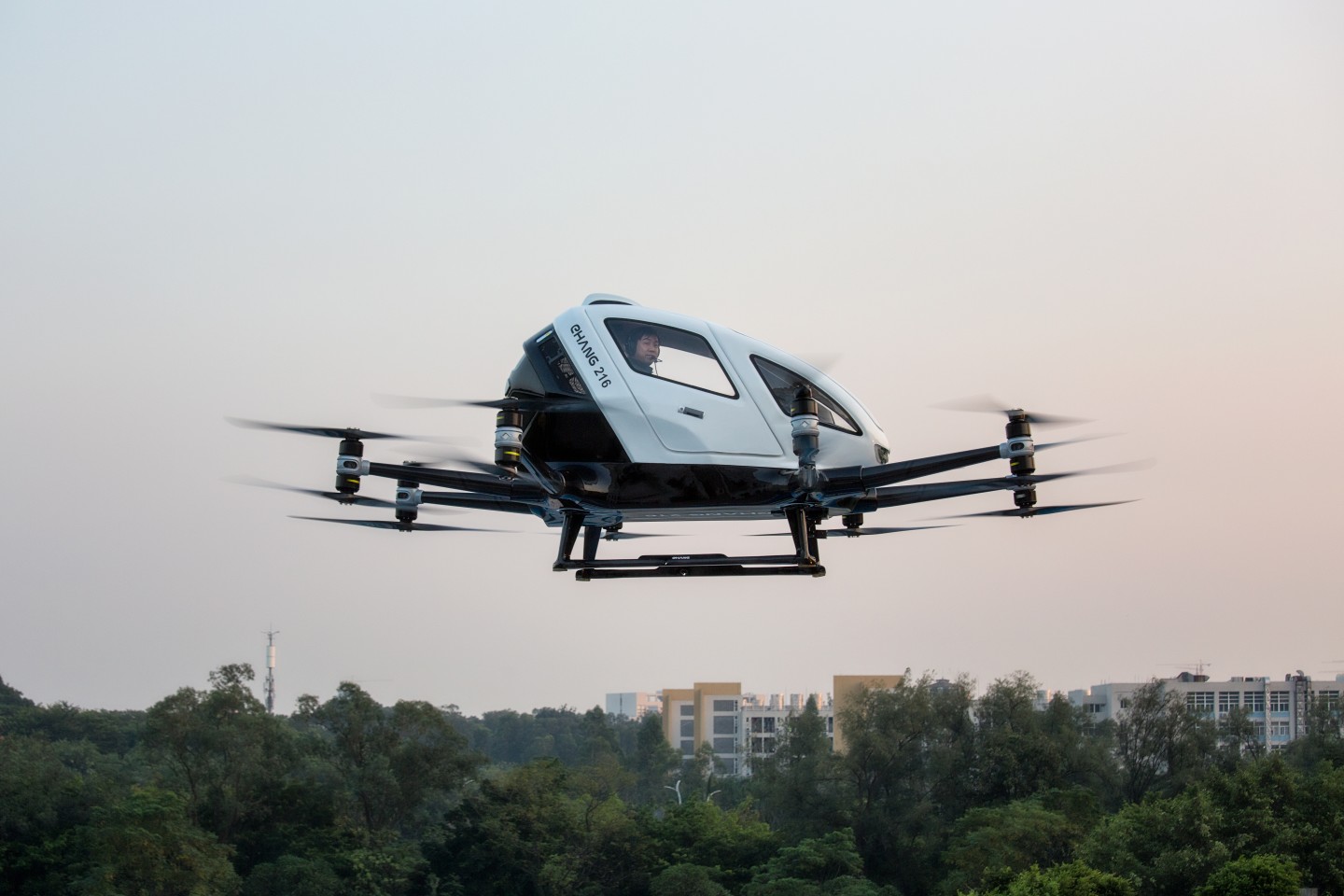Ehang flounder Hu Huazhi goes for a ride in the 216 autonomous air taxi