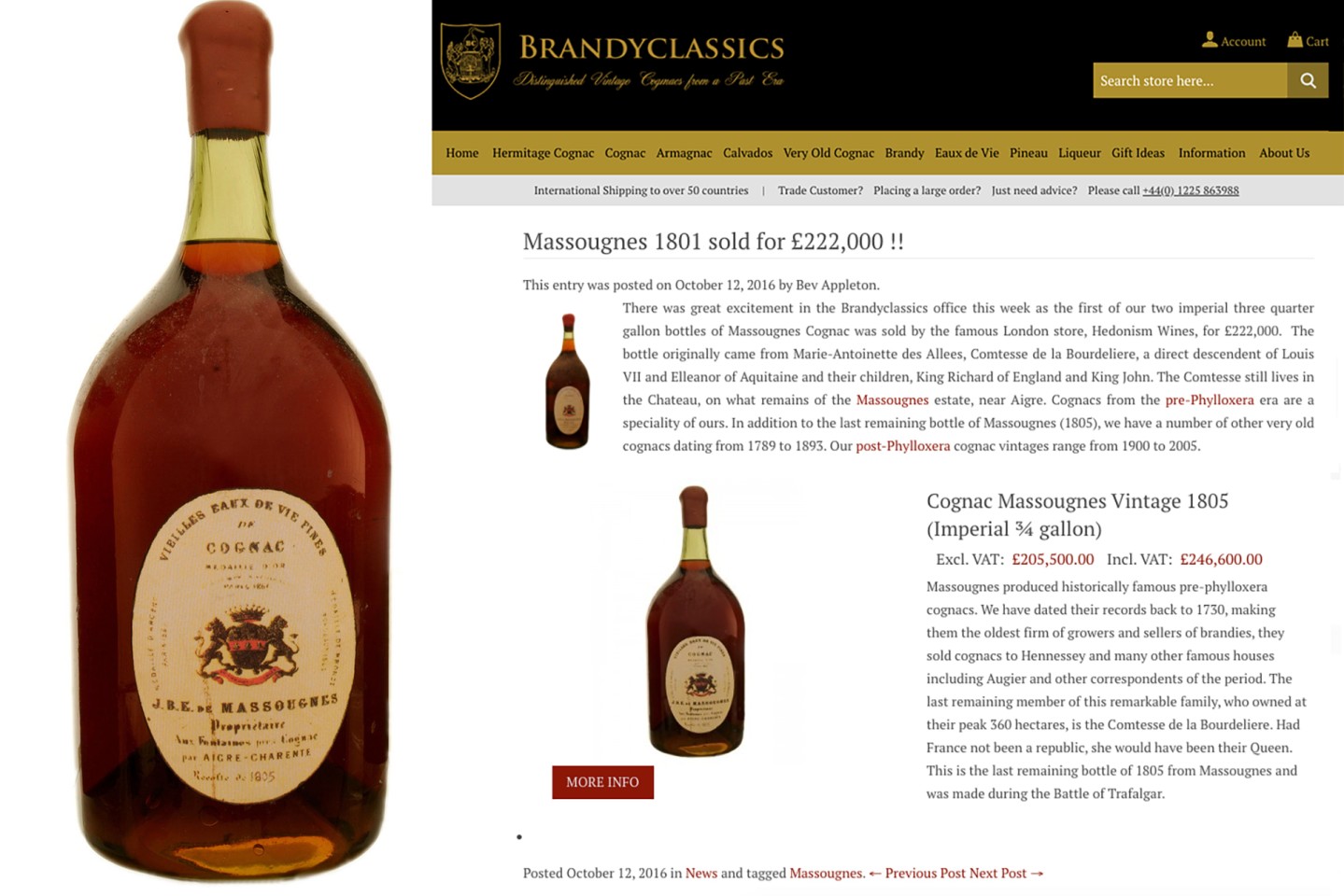 London’s Hedonism Wines sold a bottle of 1801 Massougnes Cognac for GBP£222,000 ($270,761) in October 2016