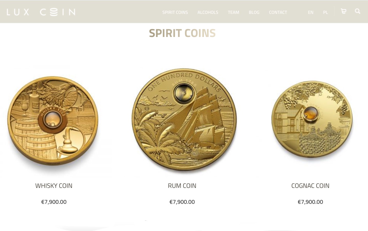 Lux Coin's Whisky Coin, Rum Coin, and the Cognac Coin.