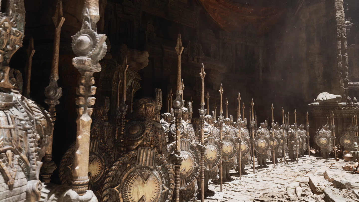 Each of these statues, and there are almost 500 of them in the room, is a Zbrush import with more than 33 million triangles
