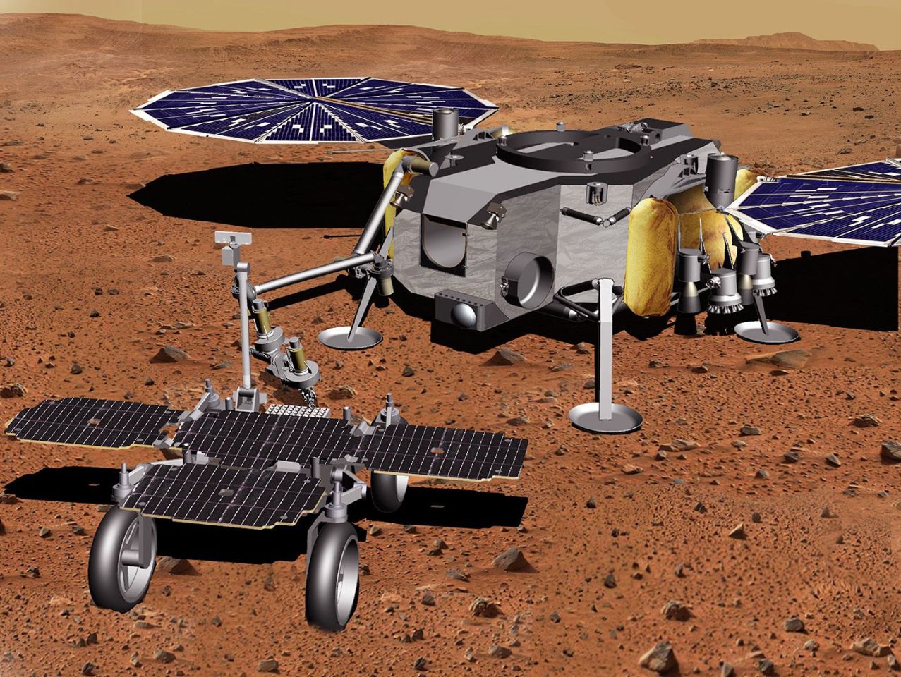 Artist's concept of the Sample Fetch Rover and the NASA Mars lander