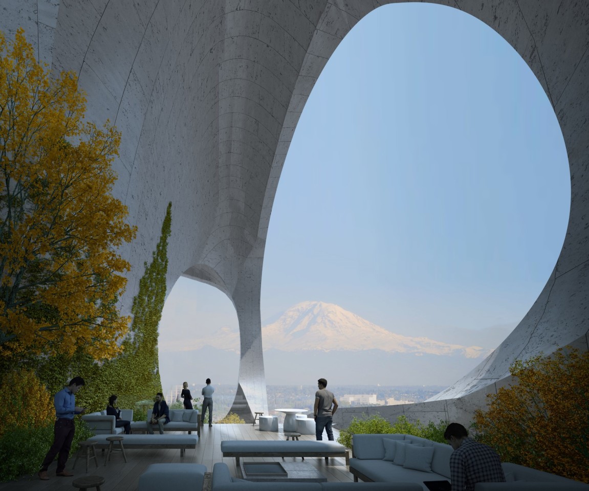 Seattle Tower's pocket park at its center would offer views of Seattle's Mount Rainier and include trees and other greenery