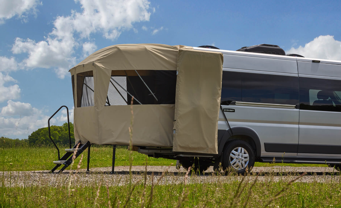 Shown here on Embassy's Ram Promaster-based Traveler PRL model, the rear deck is also available on the Traveler Sport