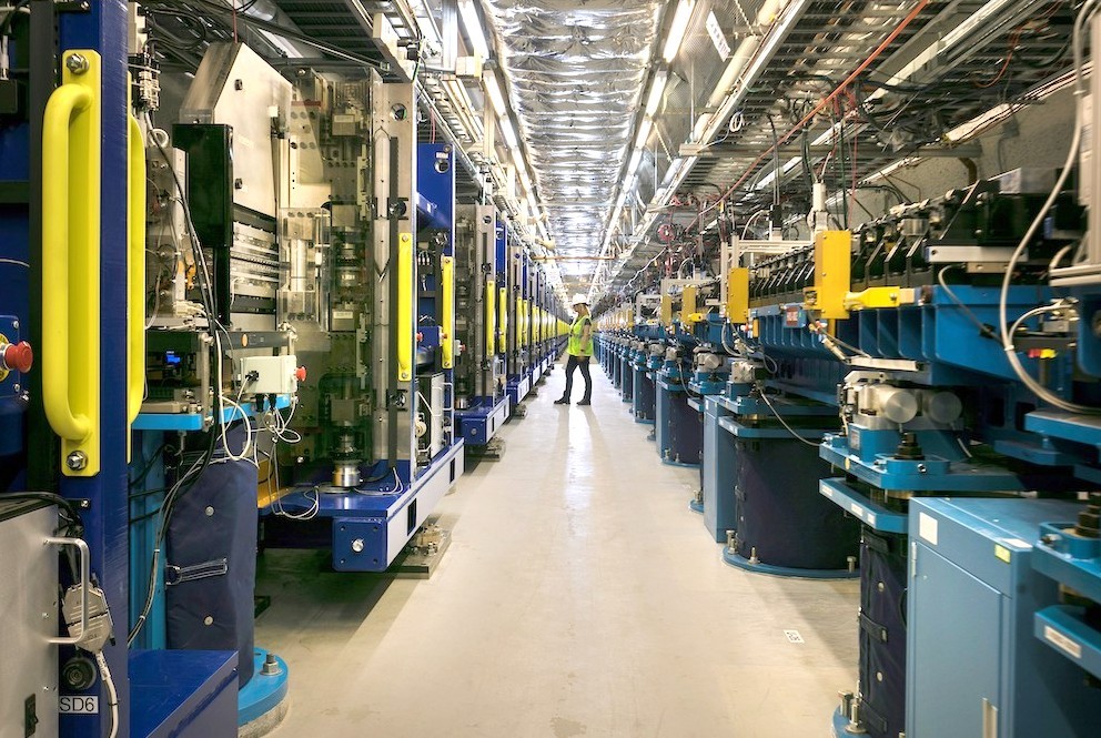 The new undulators run down both sides of this walkway at the SLAC National Accelerator Laboratory