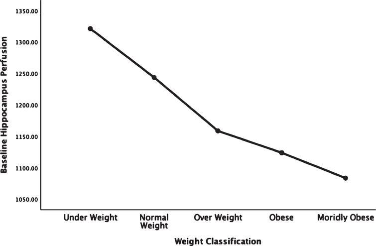 Average blood flow in Hippocampus relative to body weight classification