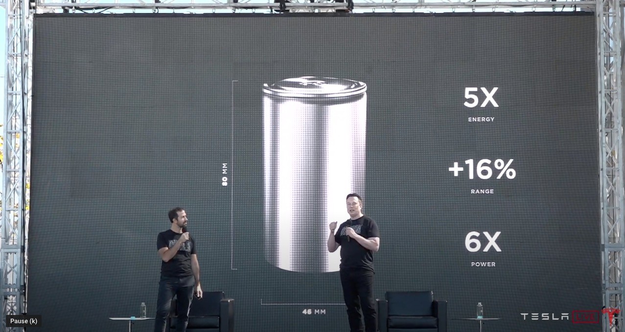 Tesla CEO Elon Musk discusses the new tabless battery architecture on stage with SVP of Powertrain and Energy Engineering Drew Baglino