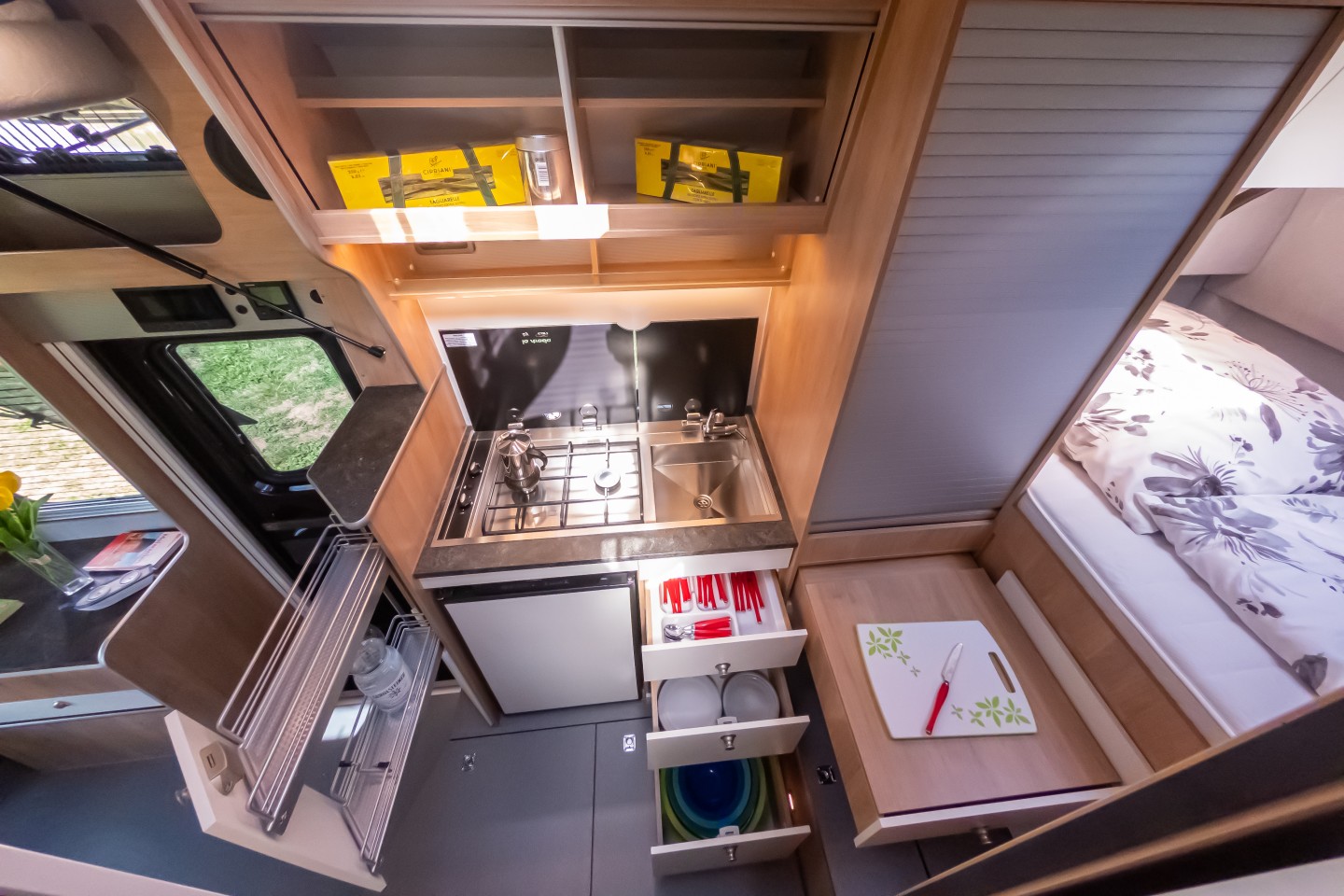 A look at the kitchen and its various drawers and slides
