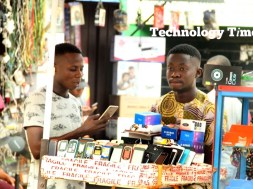 Mobile phone sellers seen at Ikeja Computer Village, Nigeria’s biggest technology market hub located in Lagos, Nigeria.