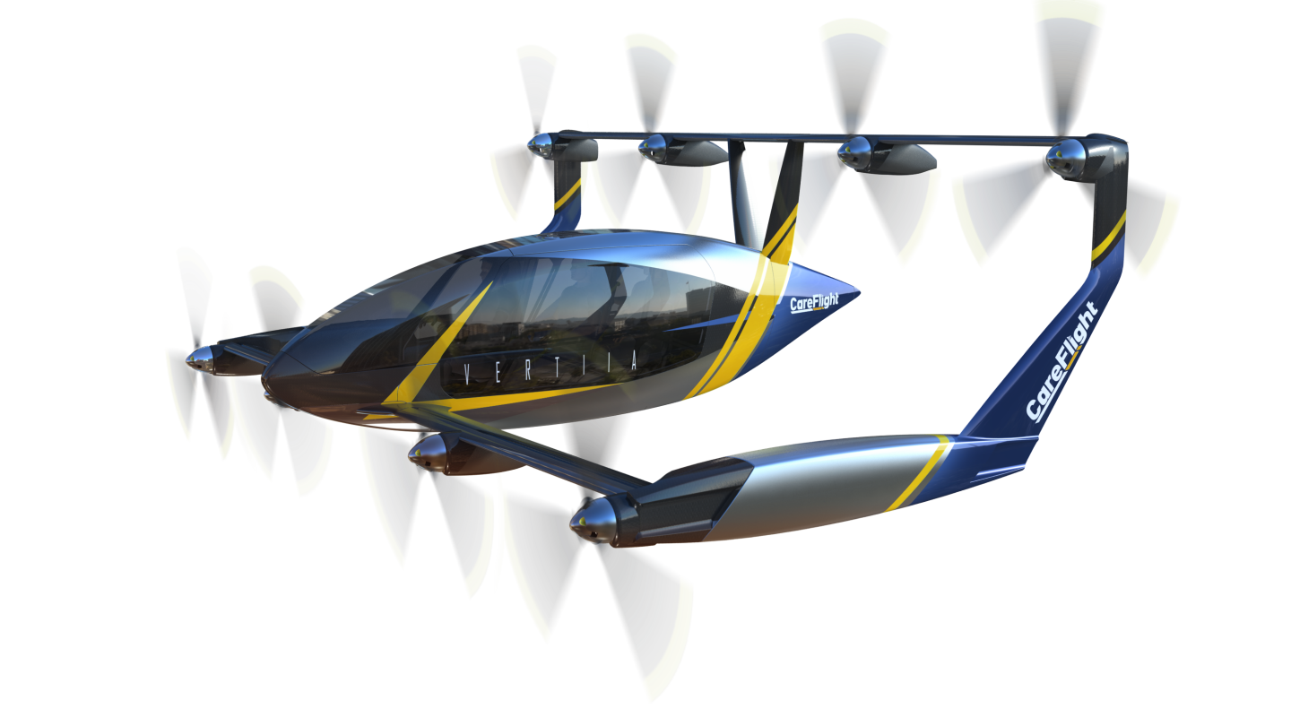 Not visible in this render are the small wings attached to the back of the props that will provide lift in horizontal flight
