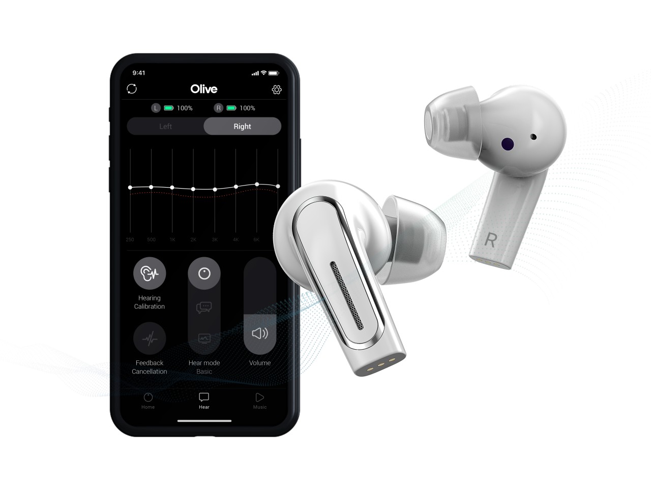 The Olive Pro is FDA-registered as a hearing aid, and allows you to create a personalized hearing profile