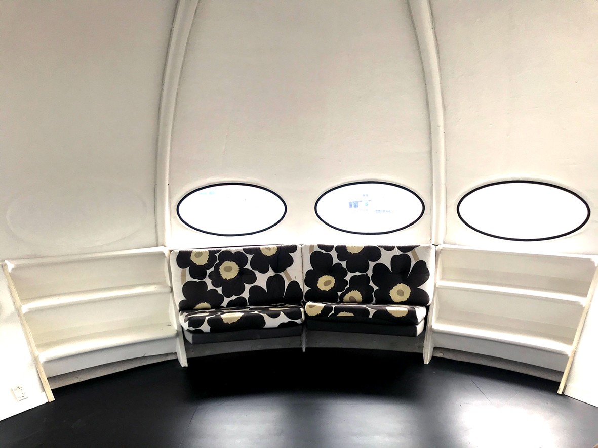The Futuro house's original interior has been mostly removed, though this curved sofa remains