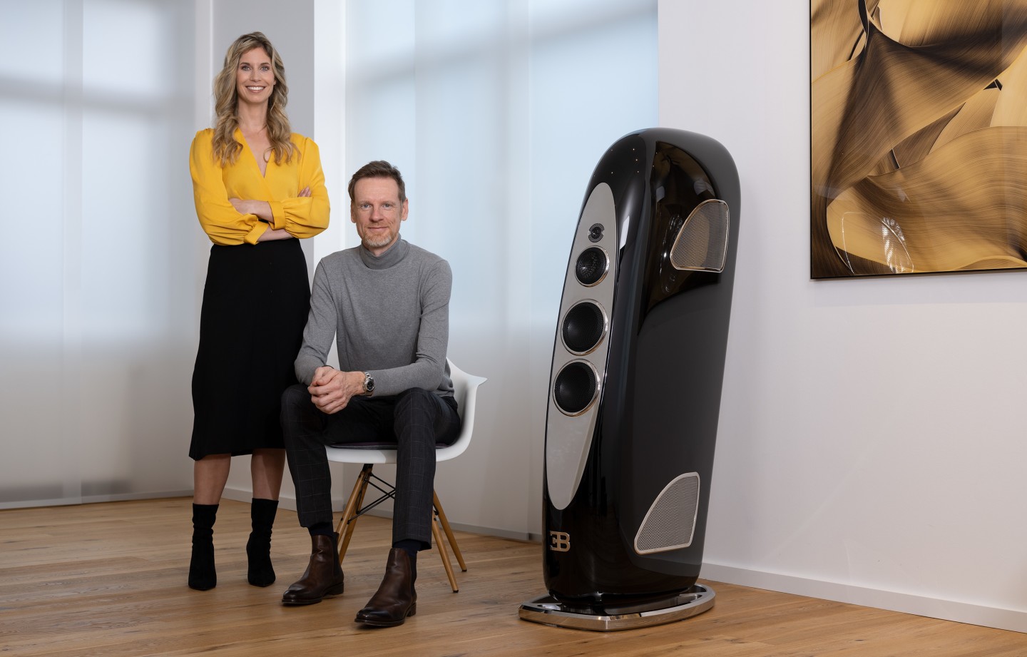 Tidal Audio CMO Miriam Janczak and CEO Jörn Janczak with a Royale floorstanding speaker