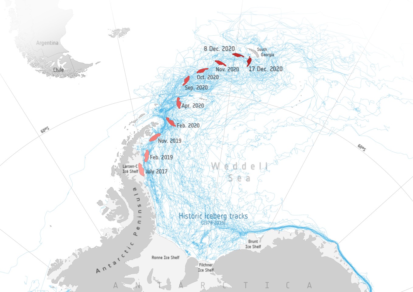 The track of A-68a over time