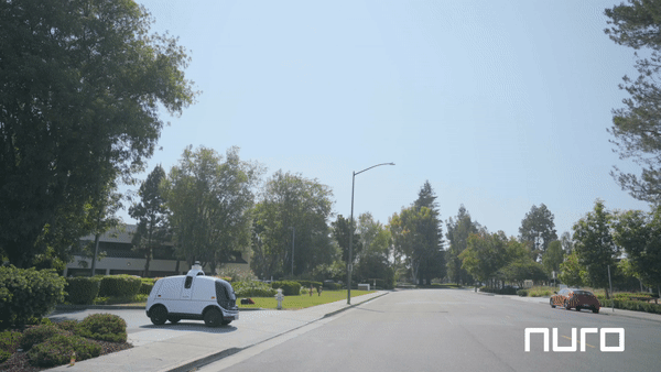 The Nuro R2 autonomous delivery pod driving itself on Californian streets