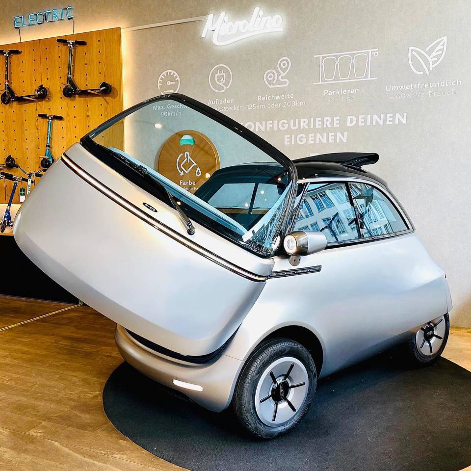 A Microlino 2.0 show vehicle is on display at the company's Zurich store