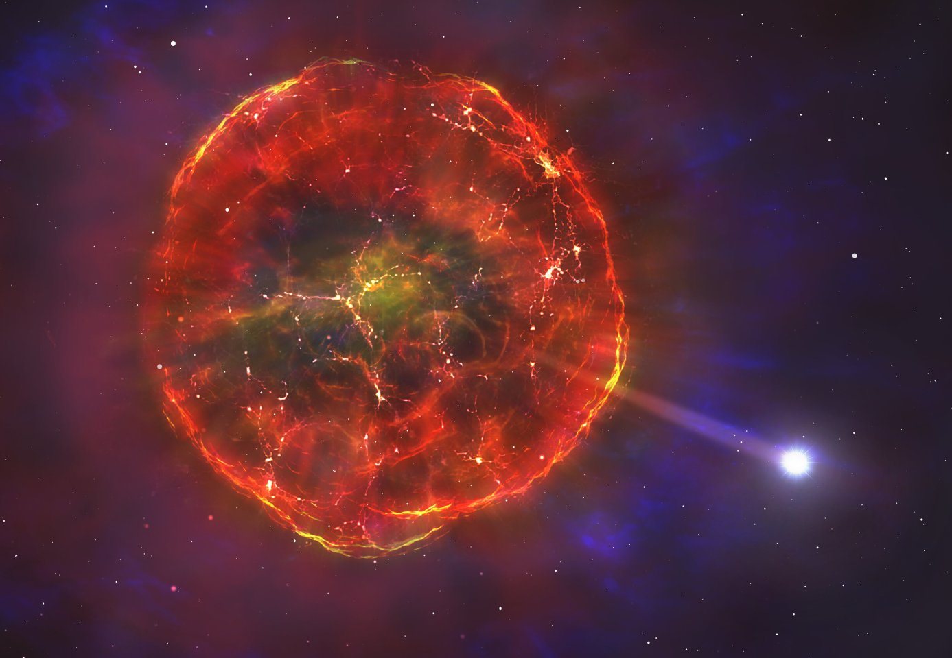 An artist's rendering of a supernova kicking a white dwarf star into high speed, rather than destroying it