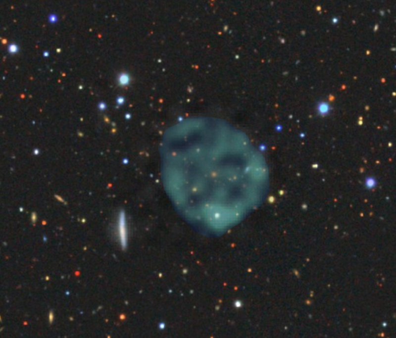 The first discovered odd radio circle (ORC), clearly visible in radio images as a blue/green blob