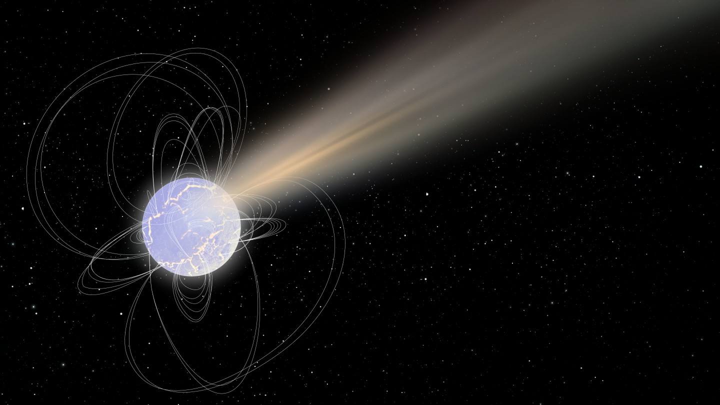 An artist's impression of magnetar SGR 1935+2154, which has been detected giving off radio waves that may resemble fast radio bursts
