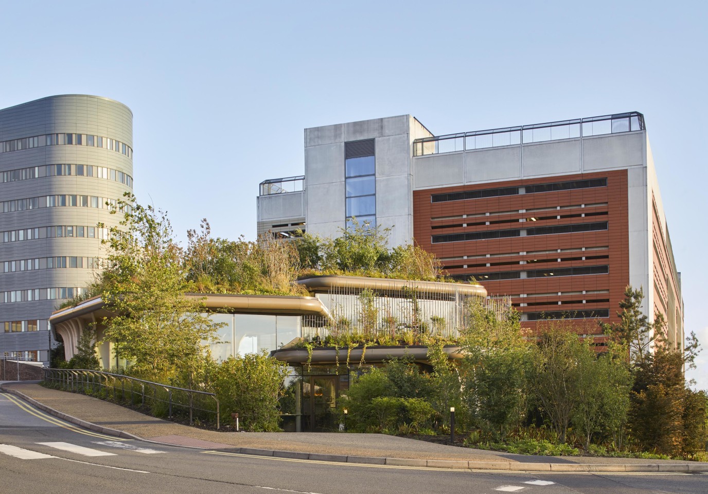 Maggie's Leeds is located in St. James’s University Hospital in Leeds, England, on an awkward sloping site that posed construction challenges