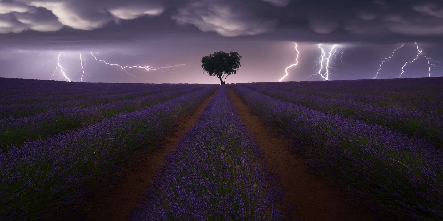 Pano Awards. Highlight - Amateur, Nature/Landscapes. 'Electric storm on lavender', Brihuega lavender fields in the province of Guadalajara, Spain