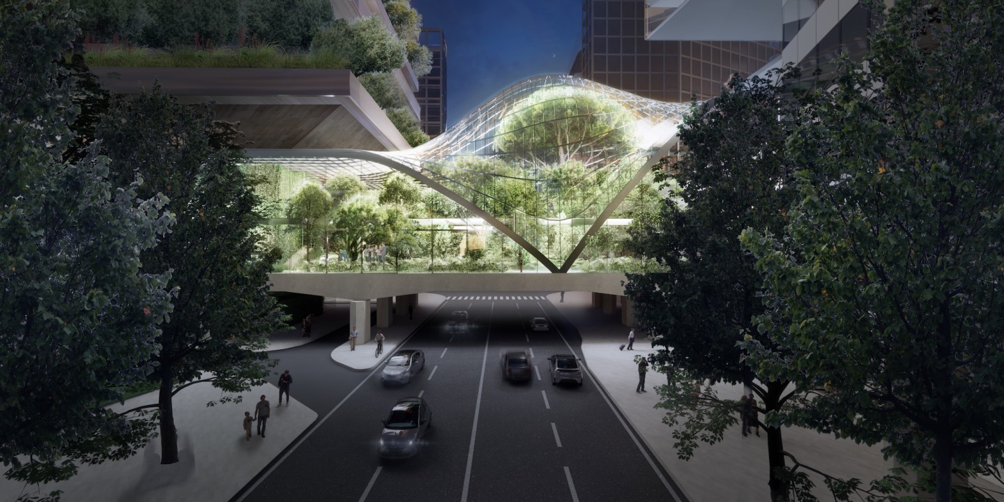 The old Pirellino office tower and the new greenery covered skyscraper will be connected by a greenery filled bridge