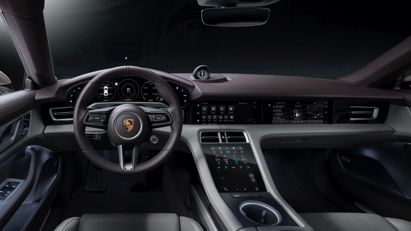 The new entry-level Porsche Taycan is available leather-free or with varied upholstery and options such as the passenger's infotainment screen