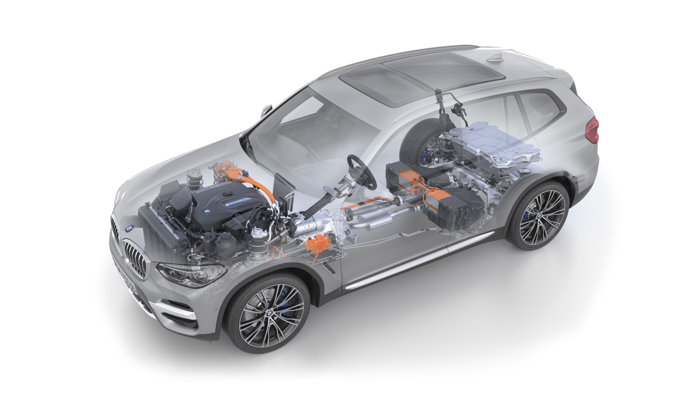 This 2020 BMW X3 Hybrid cutaway shows the full powertrain, including electronics highlighted in orange
