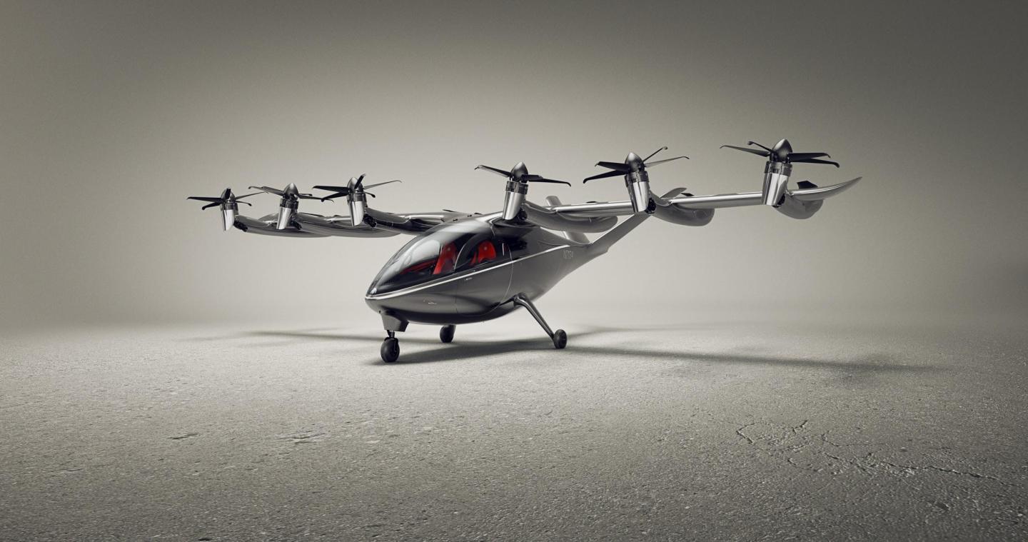 The front six rotors tilt upward for VTOL operations