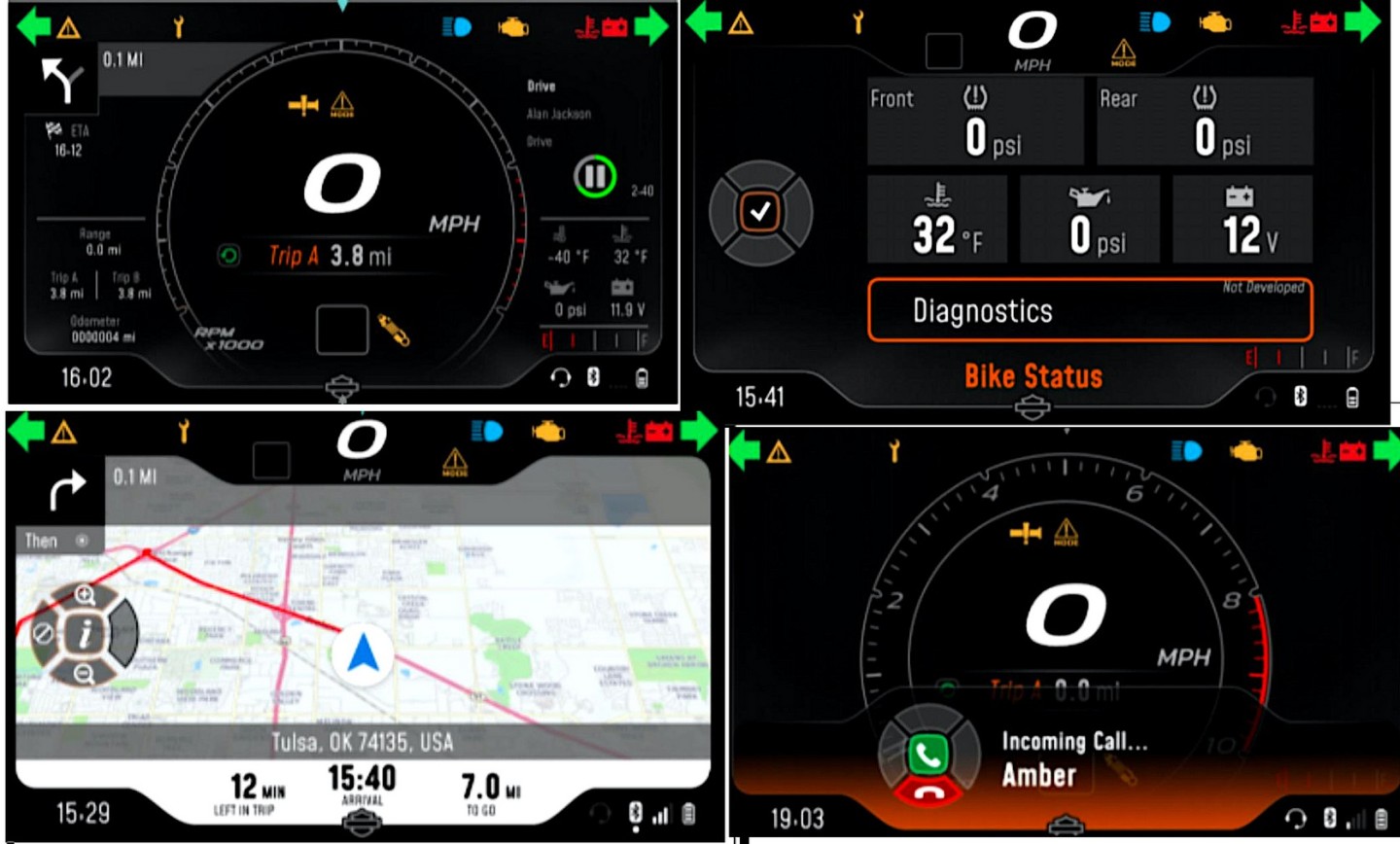 Four screenshots from the TFT screen of the 2021 Harley-Davidson Pan America 1250