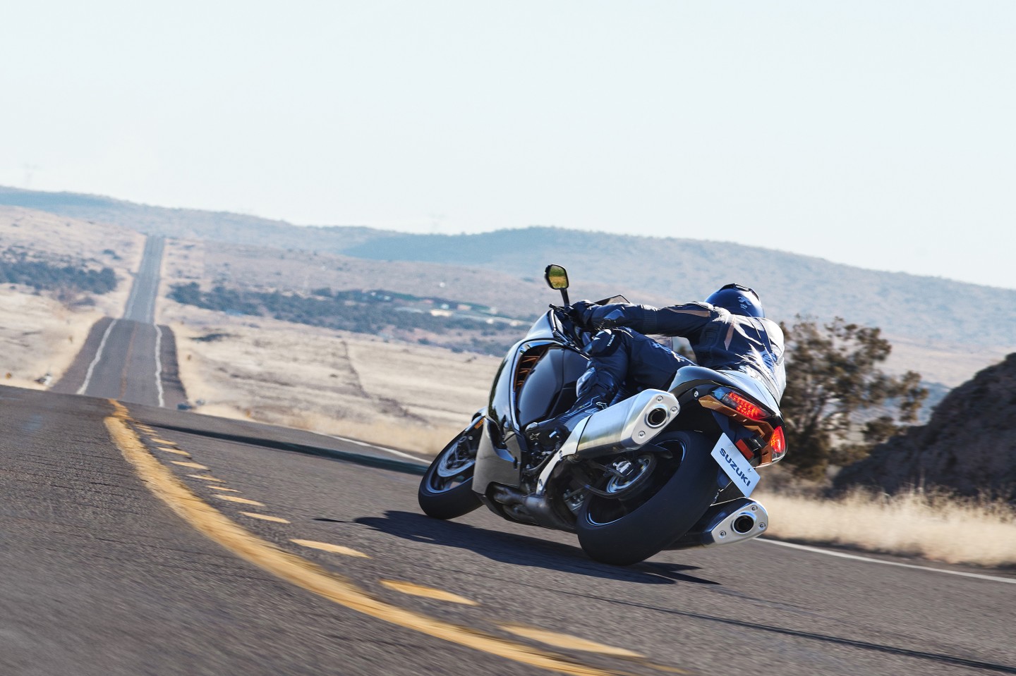 The tapered triangle section shape of the exhausts offers extra lean angle – and there's few bikes you'd want to be on more when the road opens out like this