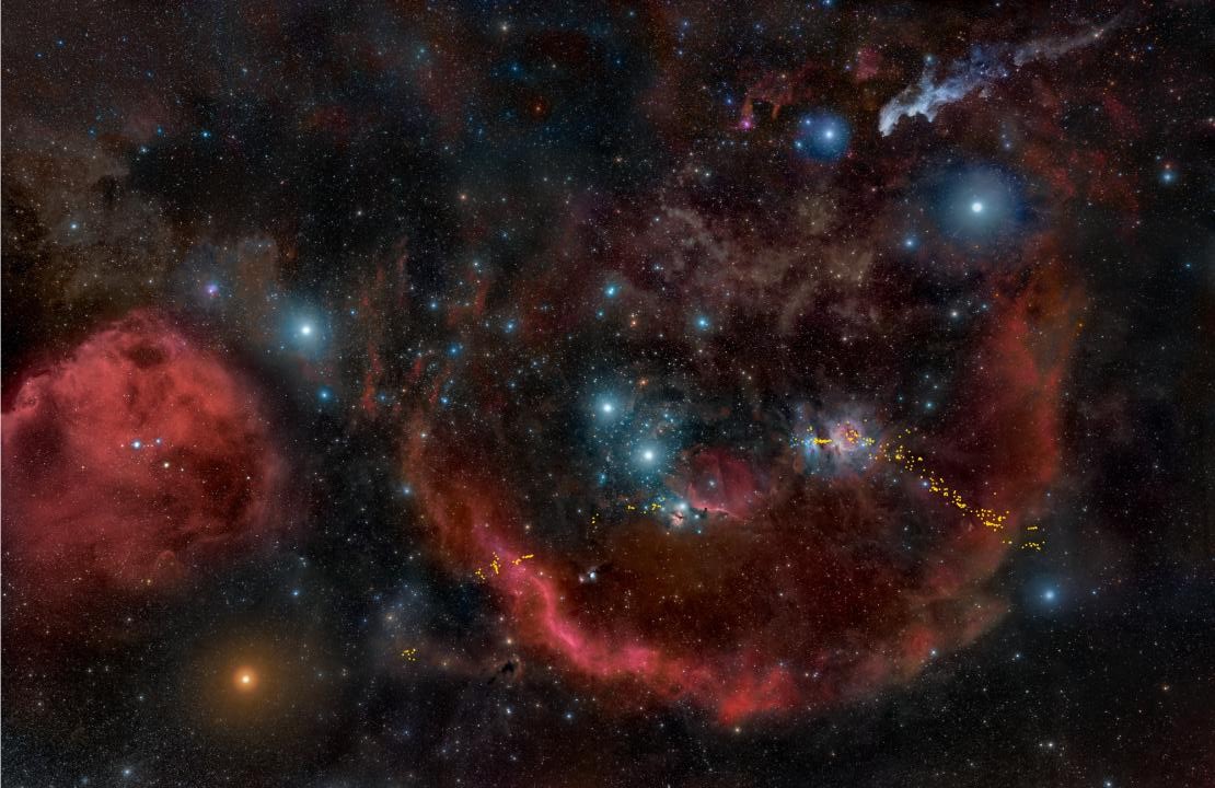 Wide-field view of the Orion Complex – protostars surveyed as part of the new study are superimposed in yellow