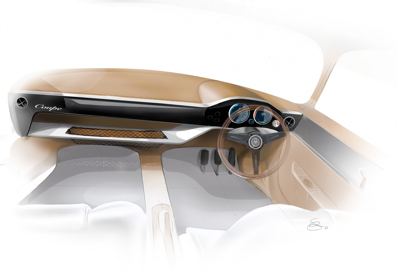 The interior sketch promises a sleek, simple cockpit without distraction