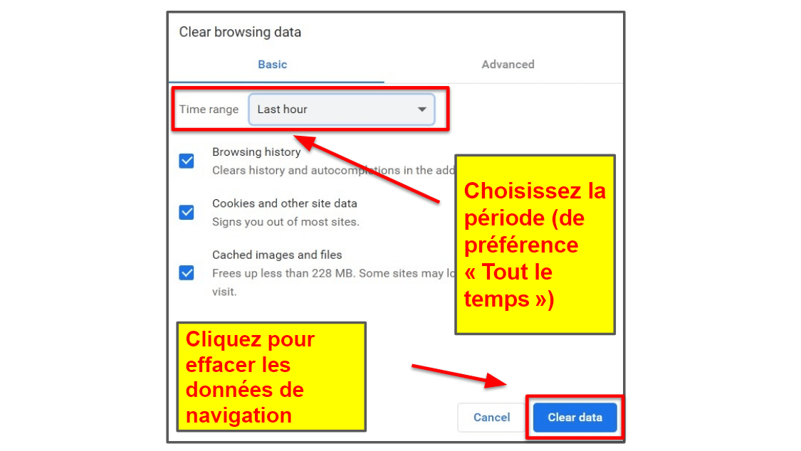 Videz le cache du navigateur, l’historique et les fichiers Internet temporaires