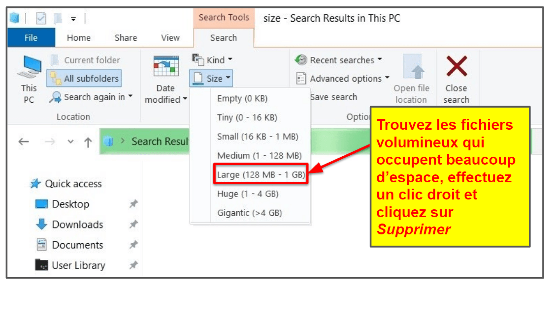 Supprimez les fichiers volumineux (manuellement et à l’aide du Nettoyage de disque)