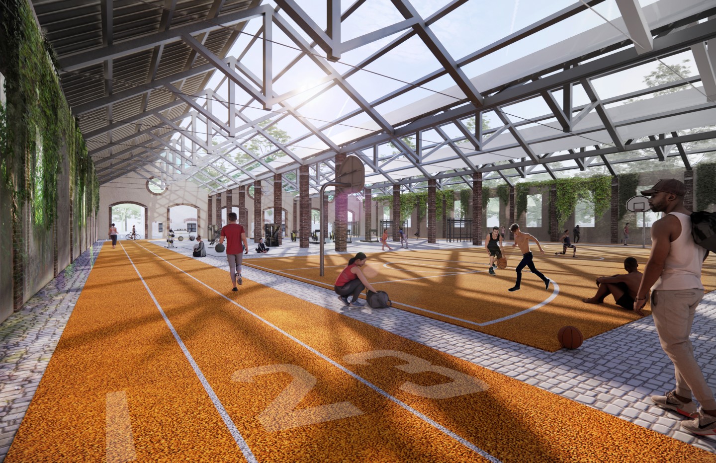 Parco Romana will involve the transformation of old train repair sheds into new spaces for the community, including the sports center shown